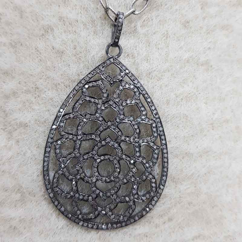 925 Sterling Silver Fancy Designer Pave Diamond Tear Drop Pendant, Silver Jewelry, Birthday Gift