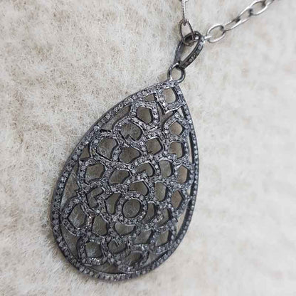 925 Sterling Silver Fancy Designer Pave Diamond Tear Drop Pendant, Silver Jewelry, Birthday Gift