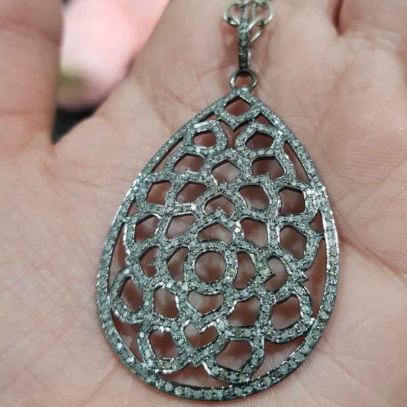 925 Sterling Silver Fancy Designer Pave Diamond Tear Drop Pendant, Silver Jewelry, Birthday Gift