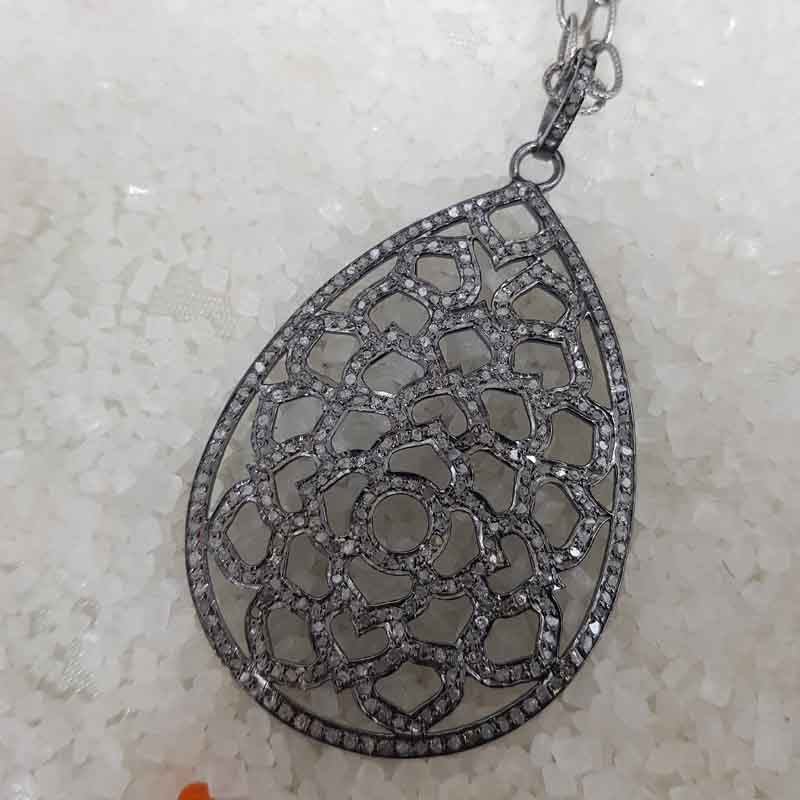 925 Sterling Silver Fancy Designer Pave Diamond Tear Drop Pendant, Silver Jewelry, Birthday Gift