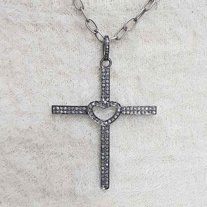 Little Open Heart Cross Designer Pave Diamond Pendant, Christmas Gift