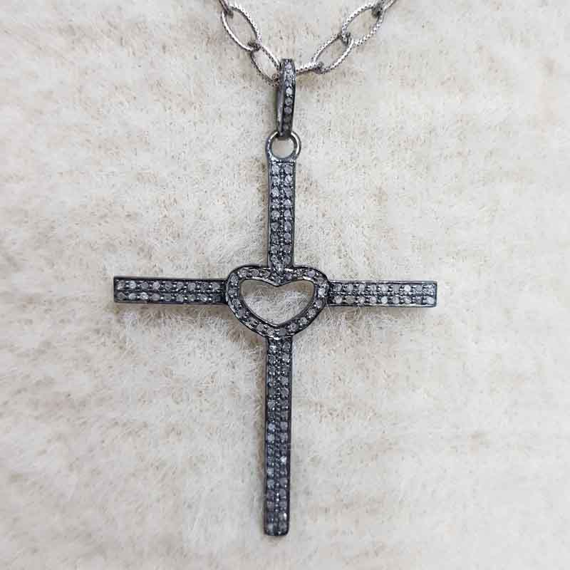 Little Open Heart Cross Designer Pave Diamond Pendant, Christmas Gift