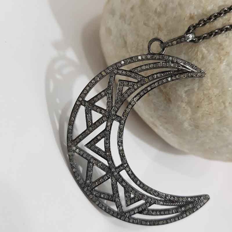 Fancy Designer Moon Pendant With Pave Diamond Layers, Stunning Half Moon Necklace, Gift For Someone