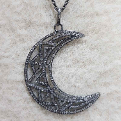 Fancy Designer Moon Pendant With Pave Diamond Layers, Stunning Half Moon Necklace, Gift For Someone