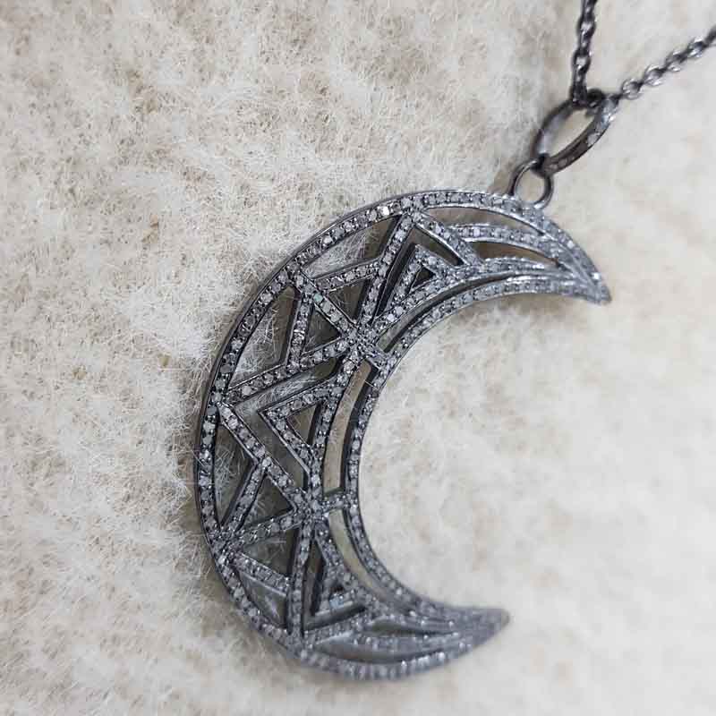 Fancy Designer Moon Pendant With Pave Diamond Layers, Stunning Half Moon Necklace, Gift For Someone