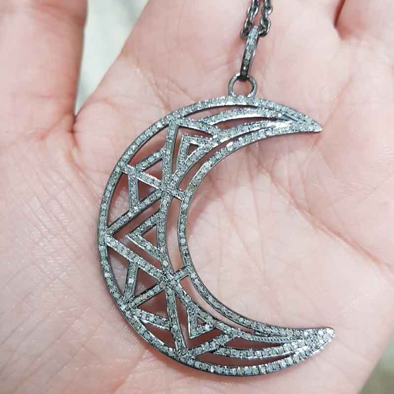 Fancy Designer Moon Pendant With Pave Diamond Layers, Stunning Half Moon Necklace, Gift For Someone