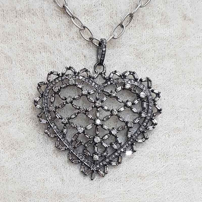 Baguette Stone And Pave Diamond Handmade Designer Heart Pendant, Unique Heart Necklace, Gift For Couple