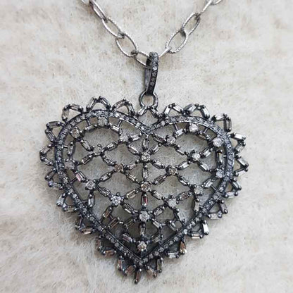 Baguette Stone And Pave Diamond Handmade Designer Heart Pendant, Unique Heart Necklace, Gift For Couple