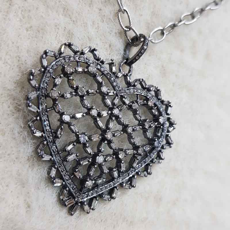 Baguette Stone And Pave Diamond Handmade Designer Heart Pendant, Unique Heart Necklace, Gift For Couple