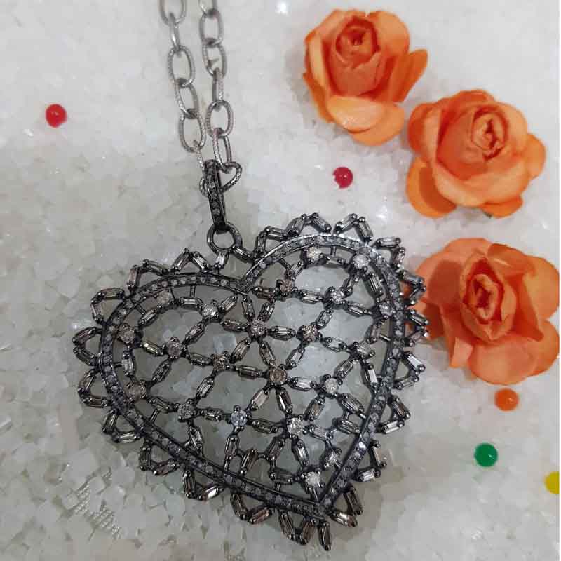 Baguette Stone And Pave Diamond Handmade Designer Heart Pendant, Unique Heart Necklace, Gift For Couple