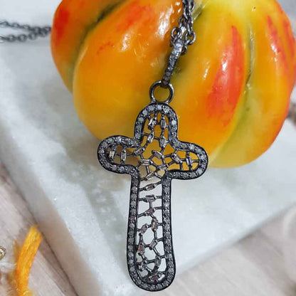 Natural Baguette Stone And Pave Diamond Handmade Designer Cross Pendant, Christmas Gift