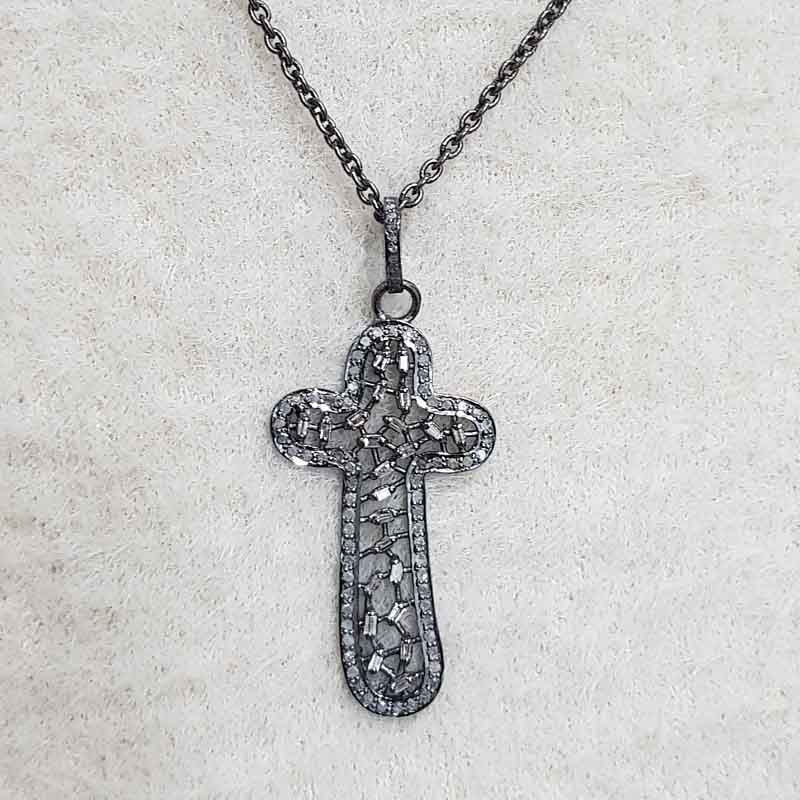 Natural Baguette Stone And Pave Diamond Handmade Designer Cross Pendant, Christmas Gift