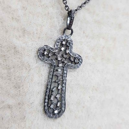 Natural Baguette Stone And Pave Diamond Handmade Designer Cross Pendant, Christmas Gift