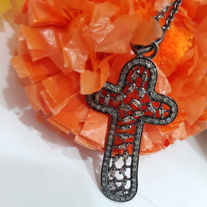 Natural Baguette Stone And Pave Diamond Handmade Designer Cross Pendant, Christmas Gift