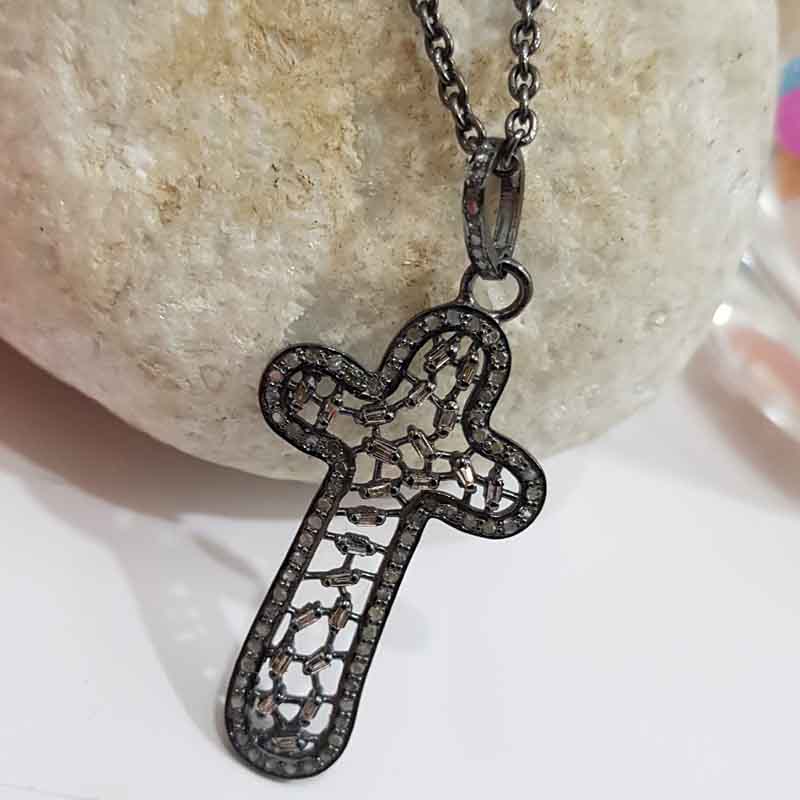 Natural Baguette Stone And Pave Diamond Handmade Designer Cross Pendant, Christmas Gift