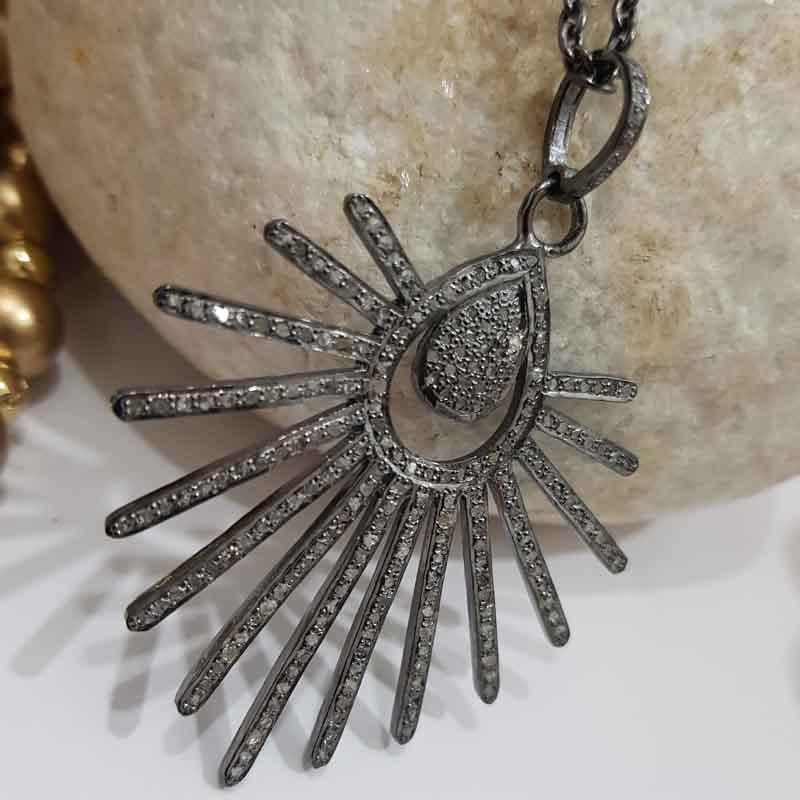 Attractive Pave Diamond Handmade Designer Pendant, Sunburst Necklace, Silver Jewelry, Gift For Her