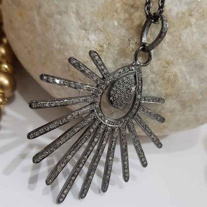 Attractive Pave Diamond Handmade Designer Pendant, Sunburst Necklace, Silver Jewelry, Gift For Her