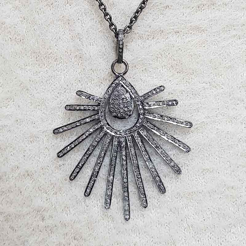 Attractive Pave Diamond Handmade Designer Pendant, Sunburst Necklace, Silver Jewelry, Gift For Her