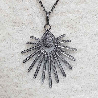 Attractive Pave Diamond Handmade Designer Pendant, Sunburst Necklace, Silver Jewelry, Gift For Her