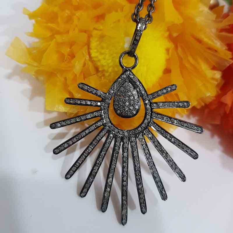 Attractive Pave Diamond Handmade Designer Pendant, Sunburst Necklace, Silver Jewelry, Gift For Her