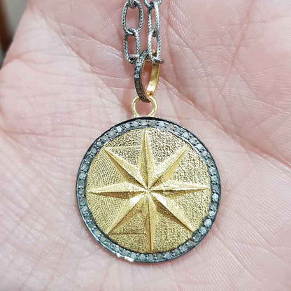 Yellow And Black Rhodium Plated Round Disk Starburst Pendant, Gift For Someone, Silver Jewelry