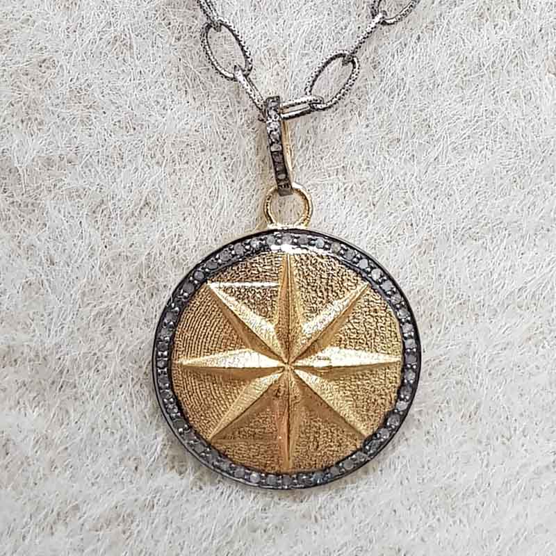 Yellow And Black Rhodium Plated Round Disk Starburst Pendant, Gift For Someone, Silver Jewelry