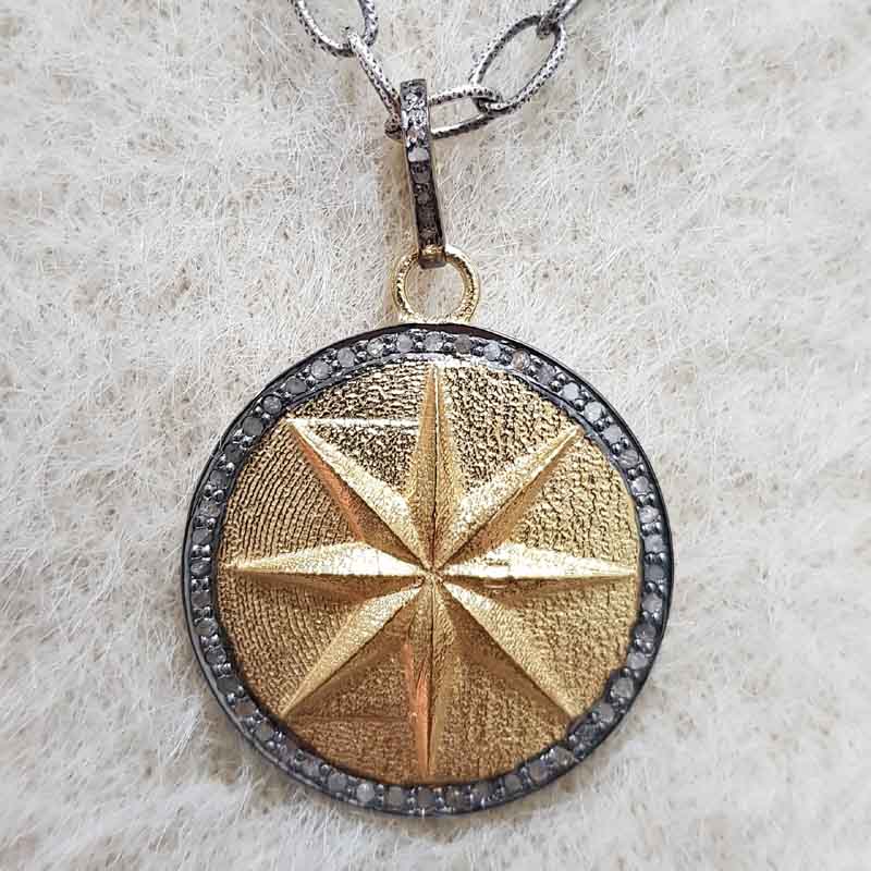 Yellow And Black Rhodium Plated Round Disk Starburst Pendant, Gift For Someone, Silver Jewelry