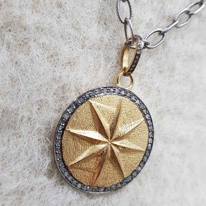 Yellow And Black Rhodium Plated Round Disk Starburst Pendant, Gift For Someone, Silver Jewelry