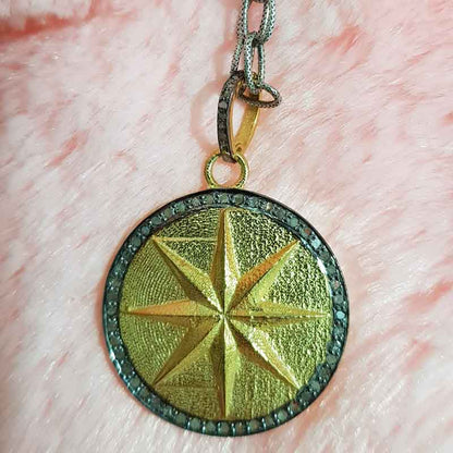 Yellow And Black Rhodium Plated Round Disk Starburst Pendant, Gift For Someone, Silver Jewelry