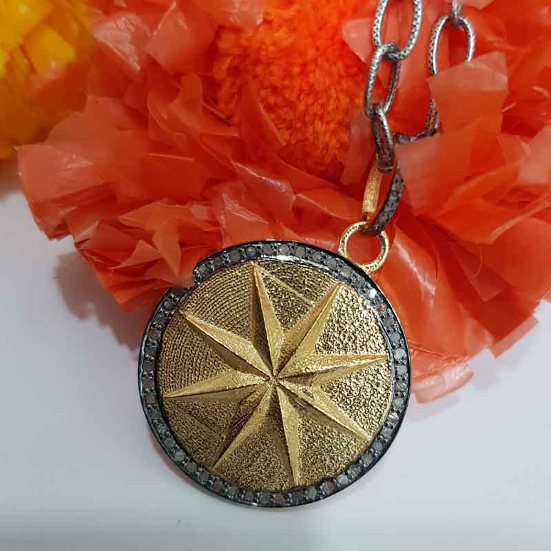 Yellow And Black Rhodium Plated Round Disk Starburst Pendant, Gift For Someone, Silver Jewelry