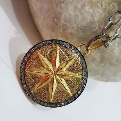 Yellow And Black Rhodium Plated Round Disk Starburst Pendant, Gift For Someone, Silver Jewelry