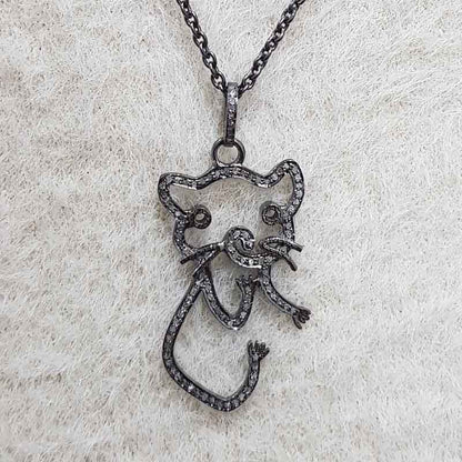 Beautiful Black Cat Designed Pave Diamond Pendant, Stylish Cat Design Necklace, Birthday Gift, Gift For Sister