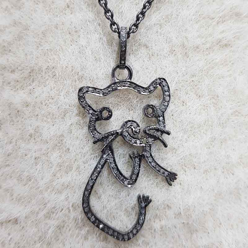 Beautiful Black Cat Designed Pave Diamond Pendant, Stylish Cat Design Necklace, Birthday Gift, Gift For Sister