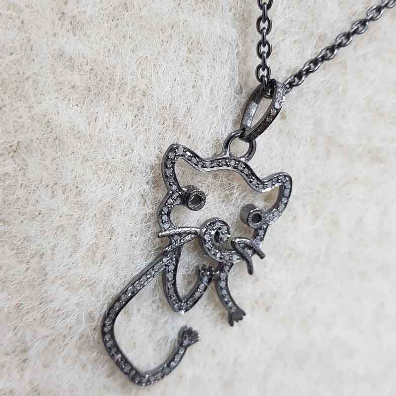 Beautiful Black Cat Designed Pave Diamond Pendant, Stylish Cat Design Necklace, Birthday Gift, Gift For Sister