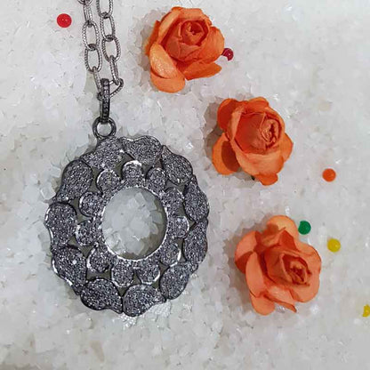 Flower Style Round Designer pave Diamond Silver pendant, Beautiful Flower Shape Necklace, Gift For Special One