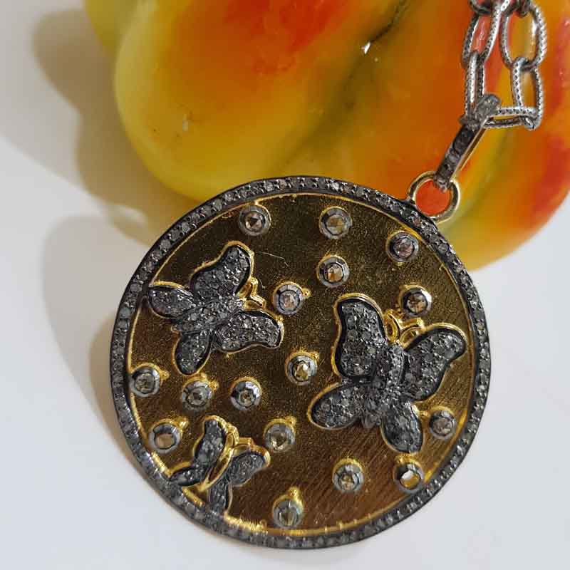 Round Yellow And Black Butterfly Designer Pave Diamond 925 Sterling Silver Pendant, Unique Round Disk Pendant, Silver  Jewelry