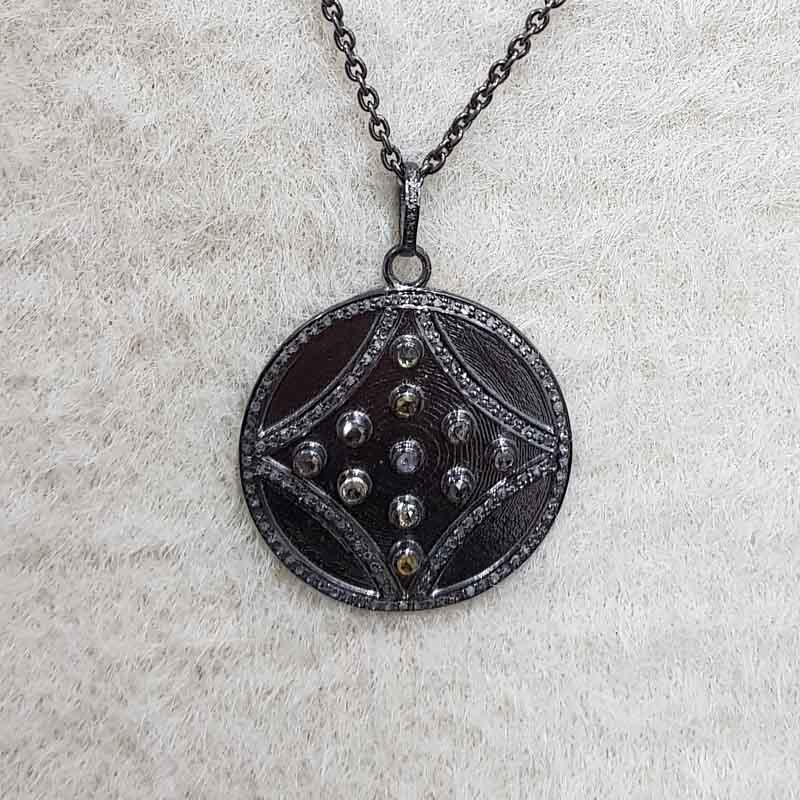 Round Fancy Designer Pendant With Pave Diamond layers, Stunning Round Necklace, Silver Jewelry