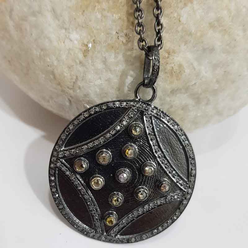 Round Fancy Designer Pendant With Pave Diamond layers, Stunning Round Necklace, Silver Jewelry