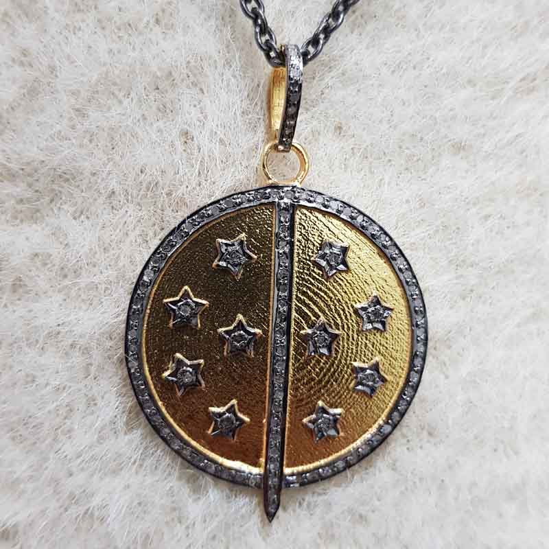 Round Small Stars With Arrow Pave Diamond Beautiful Designer Pendant, Amazing Round Disk Shape, Mother's Day Gift, Gift For Mom