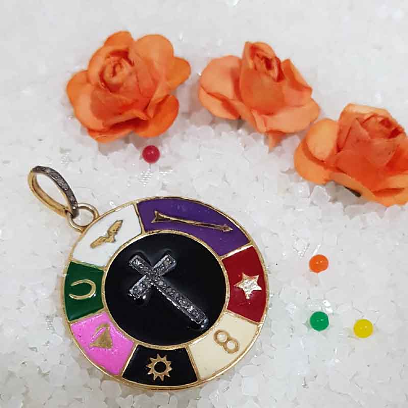 Round Multi Charm Disk Pave Diamond With Enamel Pendant, Attractive Round Design Pendant, Gift For Someone