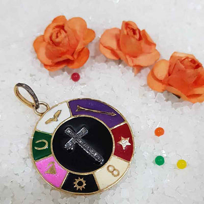 Round Multi Charm Disk Pave Diamond With Enamel Pendant, Attractive Round Design Pendant, Gift For Someone