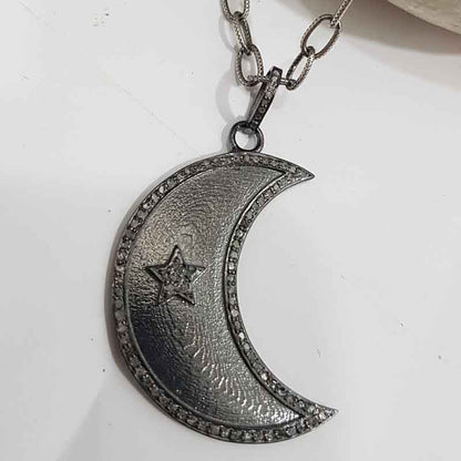 Stylish Moon with star Pave Diamond pendant, Half Moon Necklace, Gift For Someone