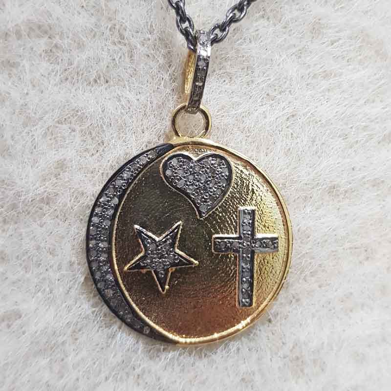 Round Disk Pendent With Pave Diamonds And Multi Charm, Gift For Mom, Mother's Day Gift