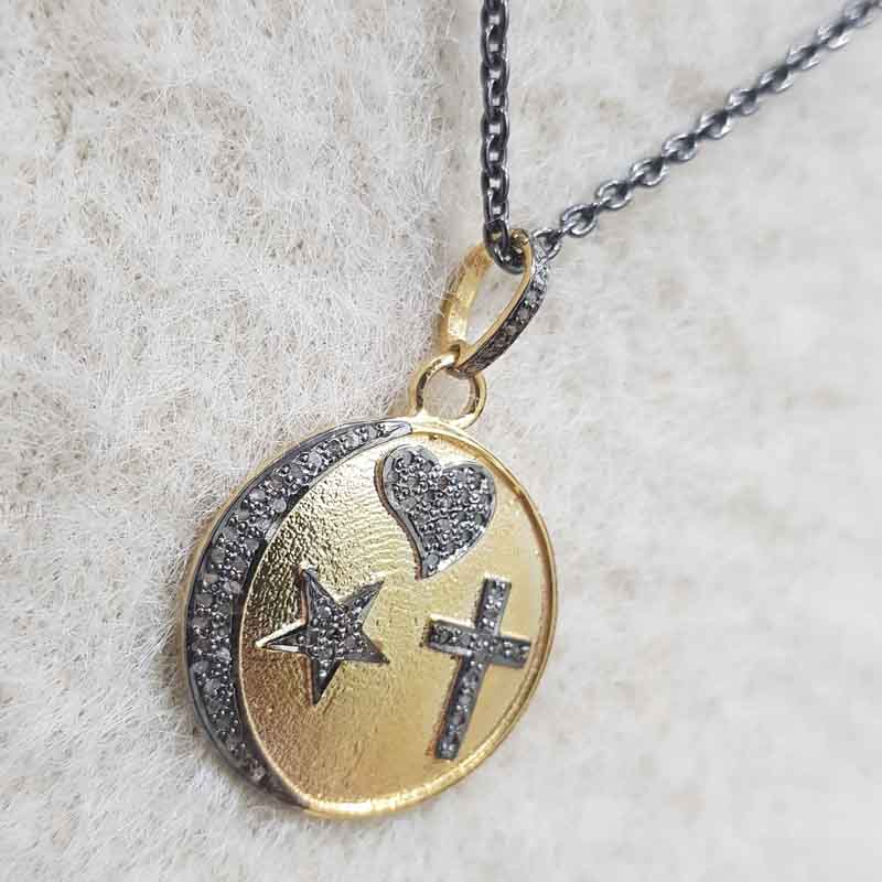 Round Disk Pendent With Pave Diamonds And Multi Charm, Gift For Mom, Mother's Day Gift