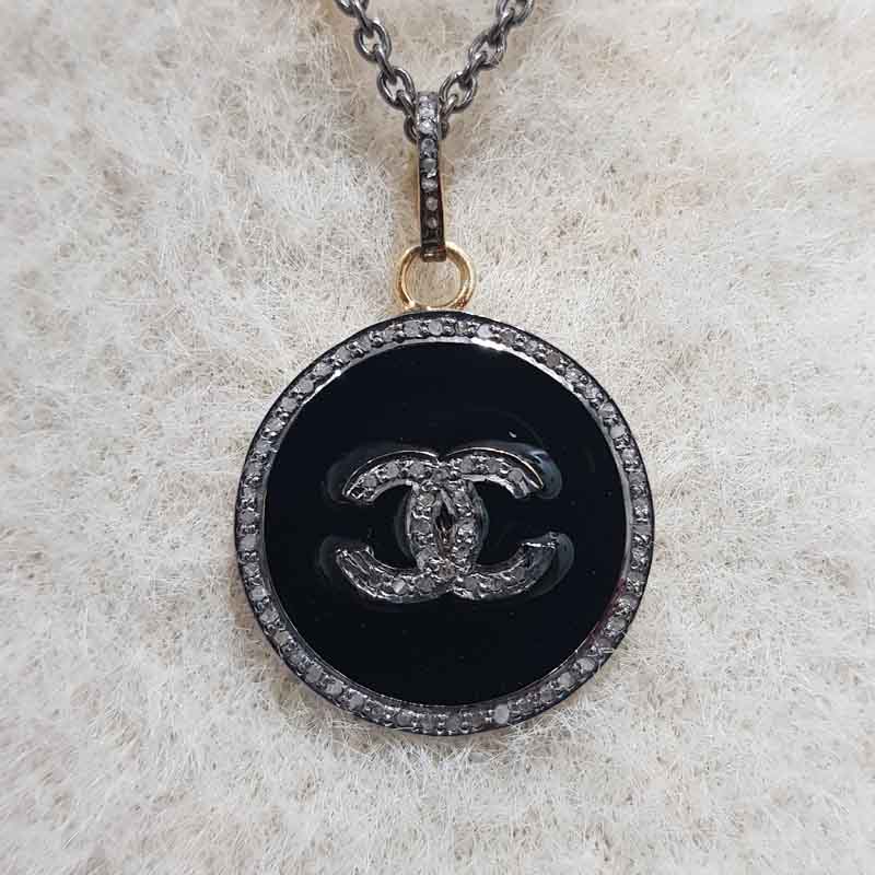 CC Pendent With Shiny Pave Diamond layers And Enamel, Amazing Bright Necklace, Gift For Lover