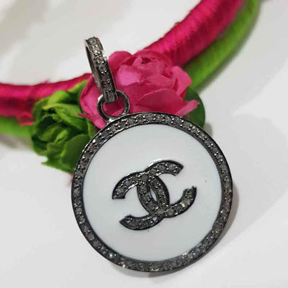 CC Pendent With Shiny Pave Diamond layers And Enamel, Amazing Bright Necklace, Gift For Lover