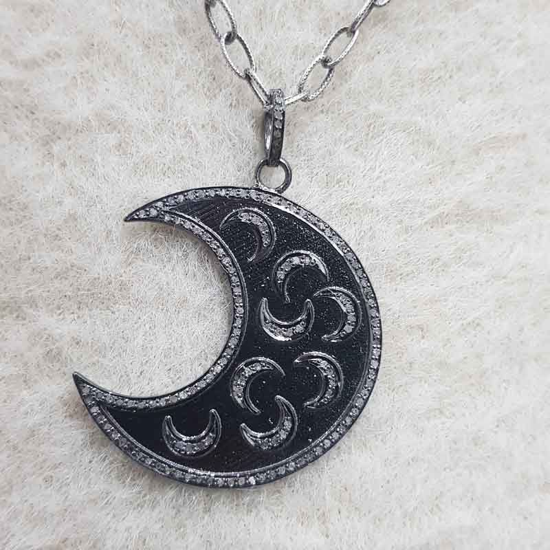 Moon With Multi Moon pendant With Pave Diamond Layers, Half Moon Pendant, Silver Jewelry, Gift For Someone