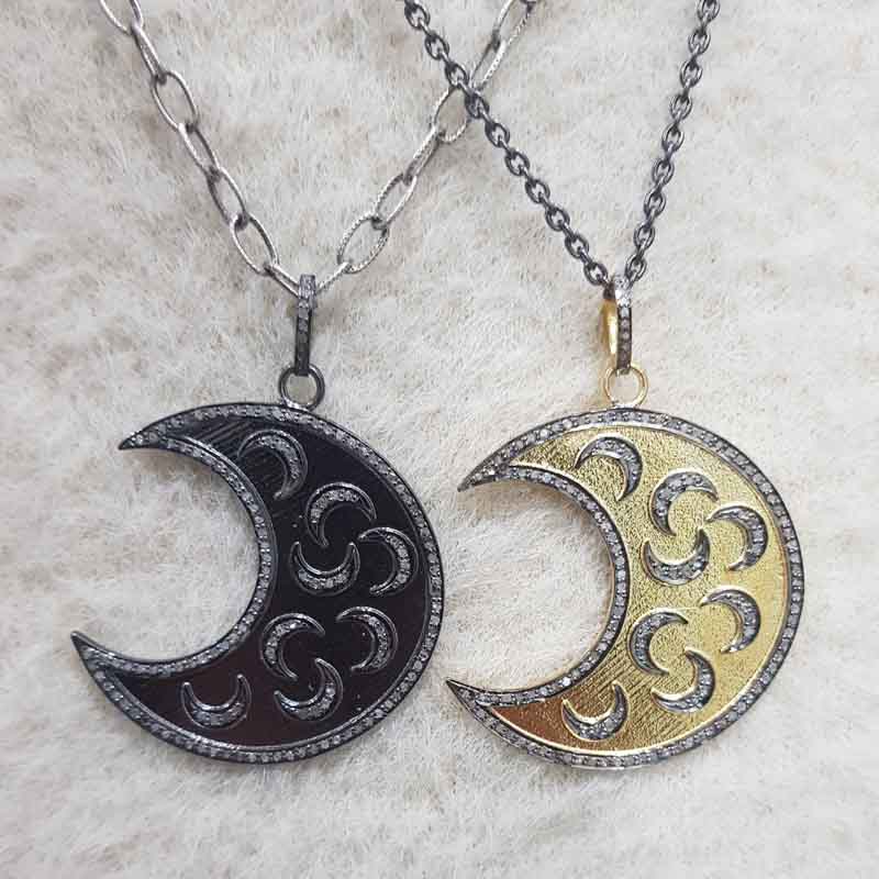 Moon With Multi Moon pendant With Pave Diamond Layers, Half Moon Pendant, Silver Jewelry, Gift For Someone