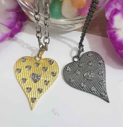 Yellow And Black Beautiful Designer Heart With Little Pave Hearts Pendant, Mini Hearts Necklace, Silver Jewelry, Gift For Girlfriend