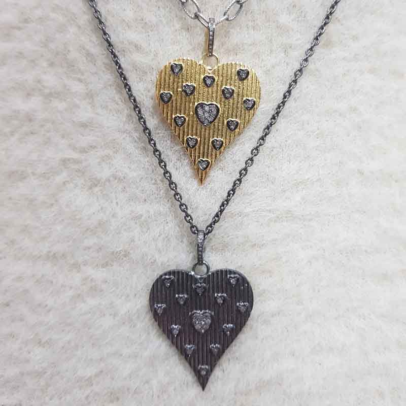 Yellow And Black Beautiful Designer Heart With Little Pave Hearts Pendant, Mini Hearts Necklace, Silver Jewelry, Gift For Girlfriend